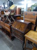 A SMALL 20TH CENTURY REPRODUCTION MAHOGANY BUREAU, 27? WIDE TOGETHER WITH A BEECH WOOD ?X? FRAME