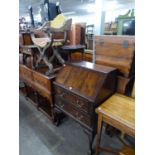 A SMALL 20TH CENTURY REPRODUCTION MAHOGANY BUREAU, 27? WIDE TOGETHER WITH A BEECH WOOD ?X? FRAME