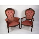 PAIR OF VICTORIAN STYLE MAHOGANY STAINED BEECH LADY?S AND GENT?S CHAIRS, each with scroll carved