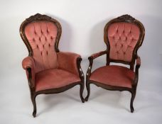 PAIR OF VICTORIAN STYLE MAHOGANY STAINED BEECH LADY?S AND GENT?S CHAIRS, each with scroll carved