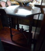 EDWARDIAN BEECH WOOD OCTAGONAL OCCASIONAL TABLE, ON TURNED SUPPORTS UNITED WITH TURNED STRETCHERS