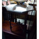 EDWARDIAN BEECH WOOD OCTAGONAL OCCASIONAL TABLE, ON TURNED SUPPORTS UNITED WITH TURNED STRETCHERS