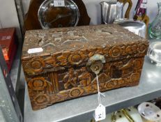 A CHINESE OBLONG BOX CAVÉ RELIEVO WITH FIGURES AND FLOWERS 10? X 6? X 5? HIGH (HINGES FAULTY) AND