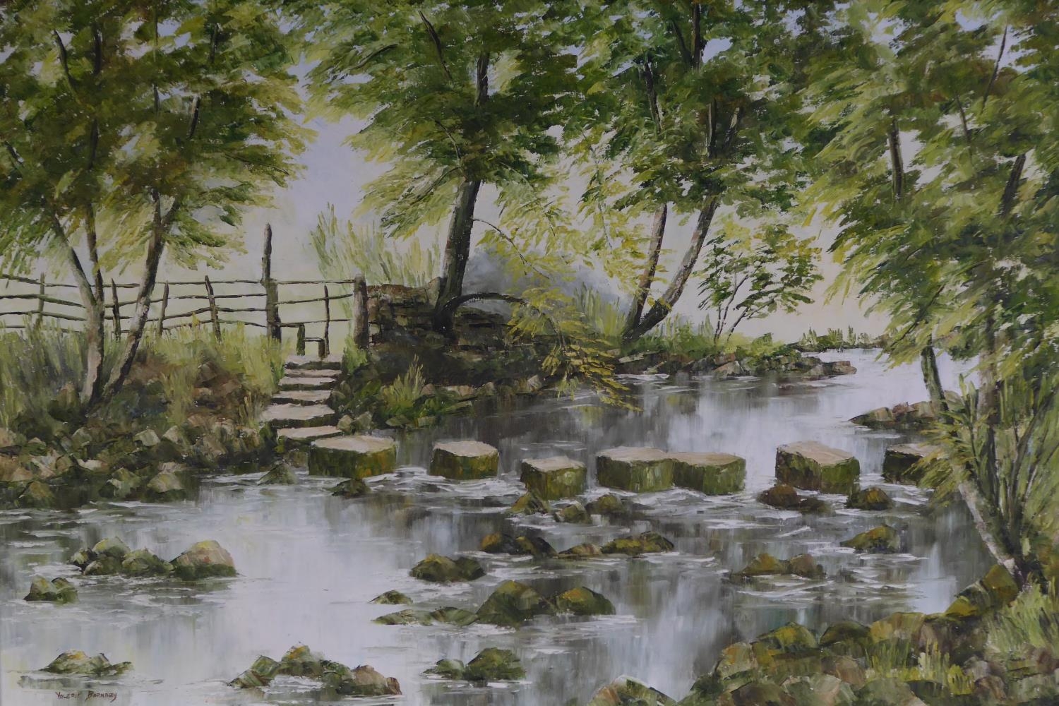 VALERIE BARNABY (TWENTIETH/ TWENTY FIRST CENTURY) OIL PAINTING ON CANVAS Stepping stones across a