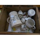 EIGHT PIECES OF W.H. GOSS CRESTED CHINA AND A ROYAL DOULTON HANDLED MUG, IN A SMALL WOODEN BOX