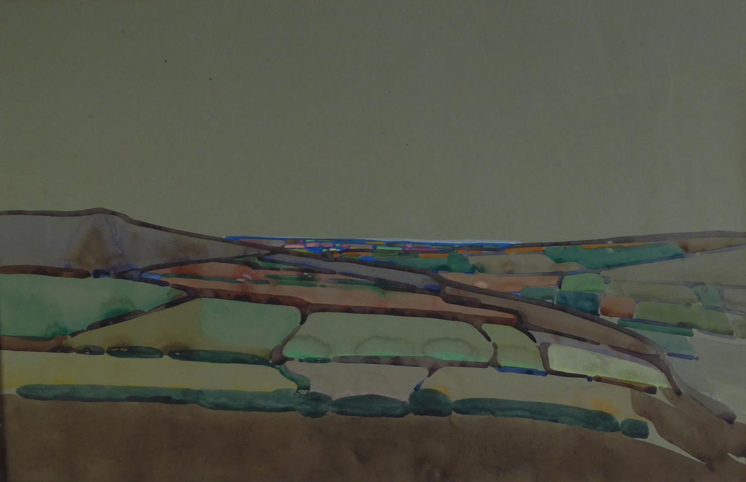 HERBERT DAVIS RICHTER (1874-1955) WATERCOLOUR DRAWING ON COLOURED PAPER Patchwork of fields