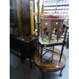 EDWARDIAN INLAID STAINED BEECH WOOD BEDSIDE CUPBOARD, ON SQUARE TAPERING LEGS; AN OCTAGONAL STOOL