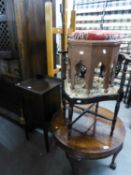 EDWARDIAN INLAID STAINED BEECH WOOD BEDSIDE CUPBOARD, ON SQUARE TAPERING LEGS; AN OCTAGONAL STOOL