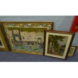 A LARGE PERSIAN COLOUR PRINT, PALACE SCENE WITH FIGURES, 27" X 38"  FOUR 3D PICTURES IN BOX AND A