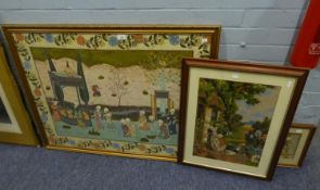 A LARGE PERSIAN COLOUR PRINT, PALACE SCENE WITH FIGURES, 27" X 38"  FOUR 3D PICTURES IN BOX AND A