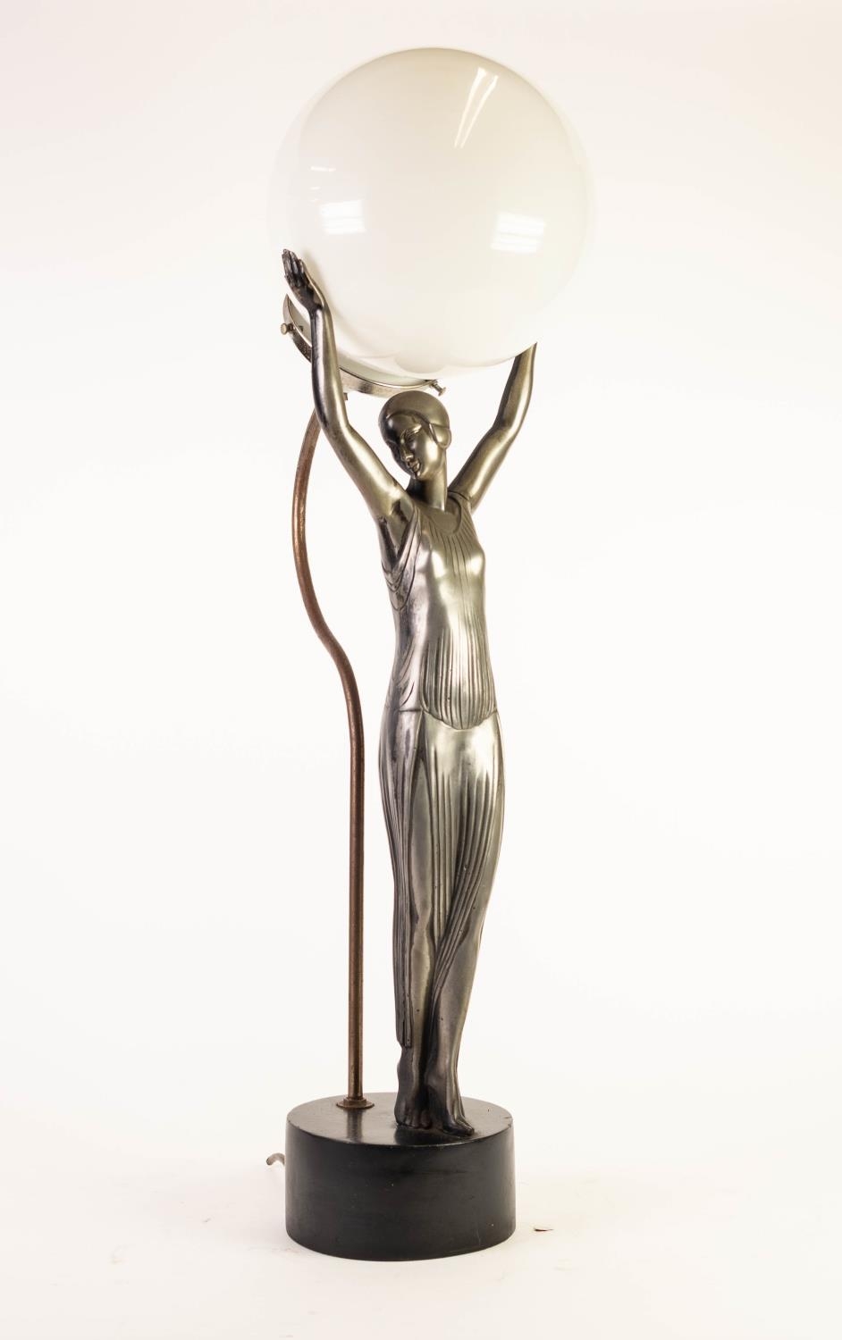 MODERN ART DECO STYLE FEMALE FIGURAL MOULDED COMPOSITION TABLE LAMP, modelled with hands raised to