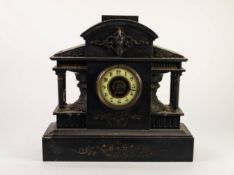 LATE VICTORIAN BLACK SLATE LARGE MANTLE CLOCK, the 4 ¼? Arabic dial with pierced gilt centre,