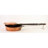 ANTIQUE COPPER SKILLET WITH SHORT CAST IRON HANDLE, 14? (35.6cm) diameter, lacking cover, together