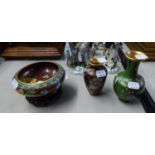 THREE SMALL PIECES OF PRE AND POST WAR CHINESE CLOISONNE, VIZ 2 VASES AND A BOWL ON STAND