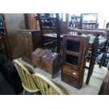 A SMALL OAK BATHROOM CABINET, HAVING CARVED DOOR, A SMALL DARKWOOD STORAGE/KEY CUPBOARD AND A