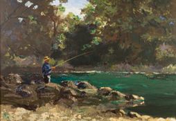 INITIALLED N (TWENTIETH CENTURY) OIL PAINTING ON BOARD Man fishing at a river Initialled and