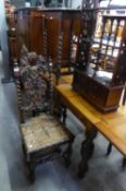A PAIR OF, CIRCA 1900, CARVED OAK WOODEN SEATED CHAIRS AND AN INTER-WAR YEARS OAK BARLEY TWIST