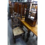 A PAIR OF, CIRCA 1900, CARVED OAK WOODEN SEATED CHAIRS AND AN INTER-WAR YEARS OAK BARLEY TWIST