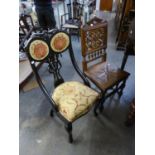 EDWARDIAN DARK STAINED BEECH WOOD DRAWING ROOM CHAIR, A CARVED OAK WOODEN SEATED SINGLE CHAIR, ON