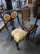 EDWARDIAN DARK STAINED BEECH WOOD DRAWING ROOM CHAIR, A CARVED OAK WOODEN SEATED SINGLE CHAIR, ON
