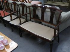 A MAHOGANY FRAMED DRAWING ROOM SUITE OF THREE PIECES