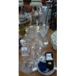 A CUT GLASS SQUARE SECTION PERFUME BOTTLE AND STOPPER, A SET OF SIX ACID ETCHED SHERRY GLASSES,