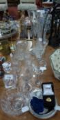 A CUT GLASS SQUARE SECTION PERFUME BOTTLE AND STOPPER, A SET OF SIX ACID ETCHED SHERRY GLASSES,