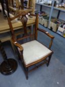 EDWARDIAN INLAID MAHOGANY STAINED BEECH ELBOW CHAIR, with pierced splat, padded seat, covered in