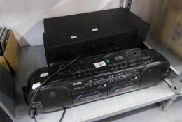 SANYO STEREO PORTABLE RADIO AND CASSETTE TAPE RECORDER/PLAYER AND 2 BOXES OF VARIOUS CASSETTE TAPES