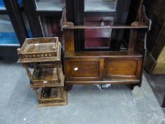 EDWARDIAN OAK WALL HANGING CUPBOARD WITH DISPLAY SHELVES, 28? HIGH AND A THREE TIER WALL HANGING