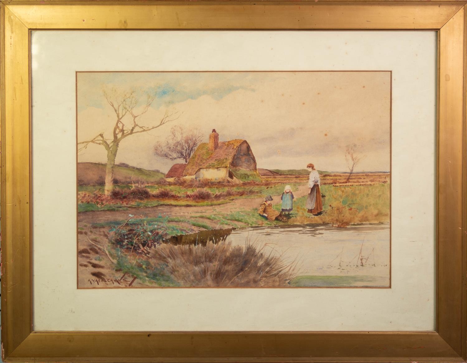 A. HAEELCRAVE (Dutch early 20th Century) WATERCOLOUR DRAWING Landscape with figures Signed lower - Image 2 of 2