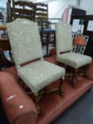 PAIR OF CARVED GILTWOOD OCCASIONAL CHAIRS, each with fully upholstered arch topped back and stuff-