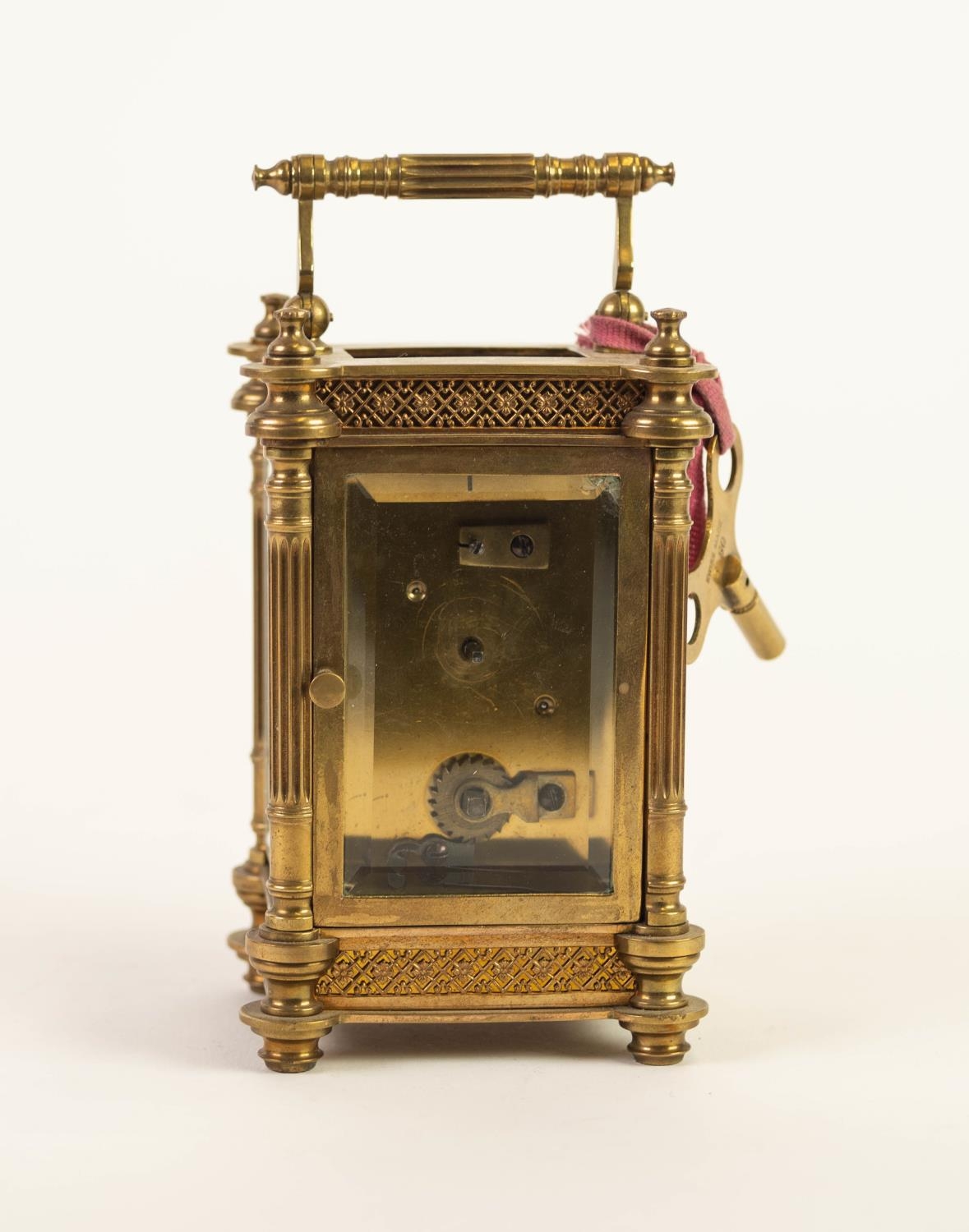 EARLY TWENTIETH CENTURY GILT BRASS CARRIAGE CLOCK, the Arabic dial with moulded gilt centre, set - Image 2 of 3