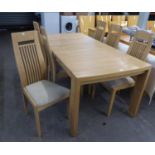 A LIGHT OAK ARGUS RANGE OBLONG DINING TABLE WITH ONE LOOSE LEAF AND A SET OF SIX SINGLE CHAIRS, WITH
