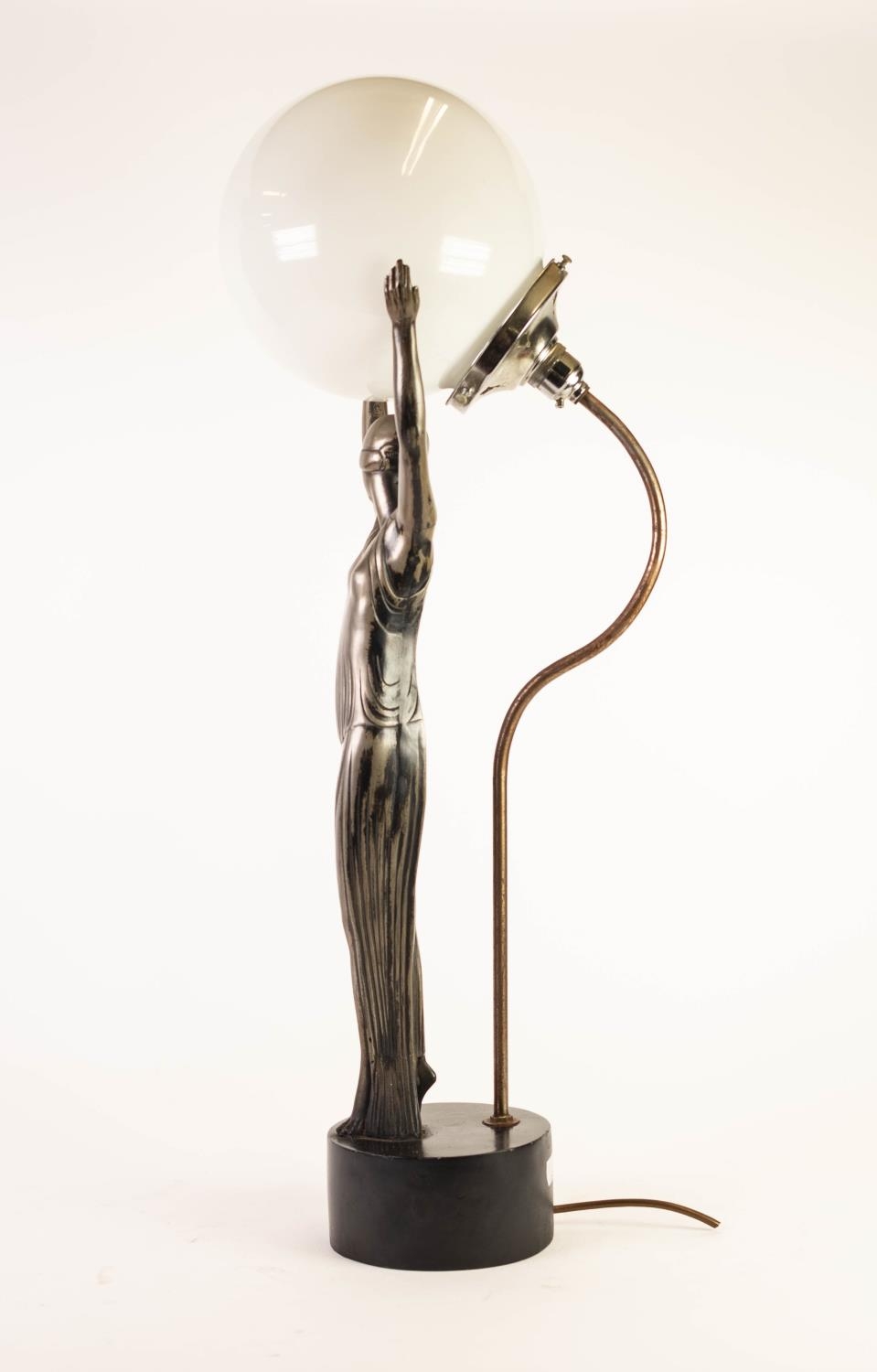 MODERN ART DECO STYLE FEMALE FIGURAL MOULDED COMPOSITION TABLE LAMP, modelled with hands raised to - Image 2 of 2