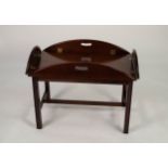 MODERN REPRODUCTION TWO HANDLED MAHOGANY BUTLER?S TRAY AND STAND, of typical for with folding