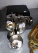 AN ?OLD HALL? STAINLESS STEEL BACHELOR?S TEA SET, COMPRISING ½ PINT TEAPOT, ¾ PINT HOT WATER