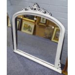 WHITE AND BLACK PAINTED OVERMANTLE MIRROR, with pierced and scroll carved cresting and side