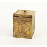 ARTS AND CRAFTS EMBOSSED BRASS CLAD TEA CADDY, of oblong form with domed knop/ handle to the pull-