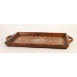 MIDDLE EASTERN BONE INLAID HARDWOOD TWO HANDLED TRAY, of oblong form with raised borders and end