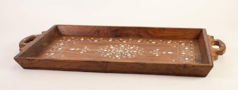 MIDDLE EASTERN BONE INLAID HARDWOOD TWO HANDLED TRAY, of oblong form with raised borders and end