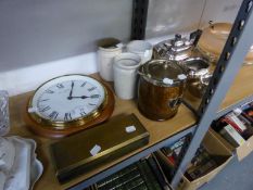 ELECTROPLATE TEA SERVICE OF 3 PIECES, BRASS STATE EXPRESS CIGARETTE BOX, OAK AND ELECTROPLATE