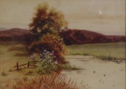 UNATTRIBUTED (TWENTIETH CENTURY) WATERCOLOUR DRAWING heightened in white Upland river landscape