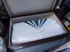 A LADY?S RENATA WHITE LEATHER CLUTCH BAG, BOXED