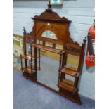 EDWARDIAN MAHOGANY OVER MANTEL MIRROR WITH DISPLAY SHELVES AND FRET-CUT DECORATION, APPROXIMATELY