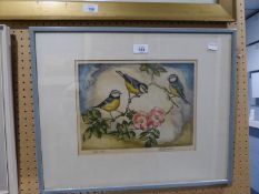 AN ARTIST SIGNED ORIGINAL COLOURED ETCHING 'BLUE TITS'  9" X 11 3/4"