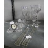 WATERFORD CUT GLASS TALL HOCK GLASS; WATERFORD CUT GLASS MINIATURE DRESSING TABLE CLOCK WITH