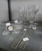 WATERFORD CUT GLASS TALL HOCK GLASS; WATERFORD CUT GLASS MINIATURE DRESSING TABLE CLOCK WITH