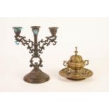 ORNATE PIERCED BRASS INK WELL AND COVER, of two handled pedestal vase form with integral stand,