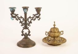 ORNATE PIERCED BRASS INK WELL AND COVER, of two handled pedestal vase form with integral stand,